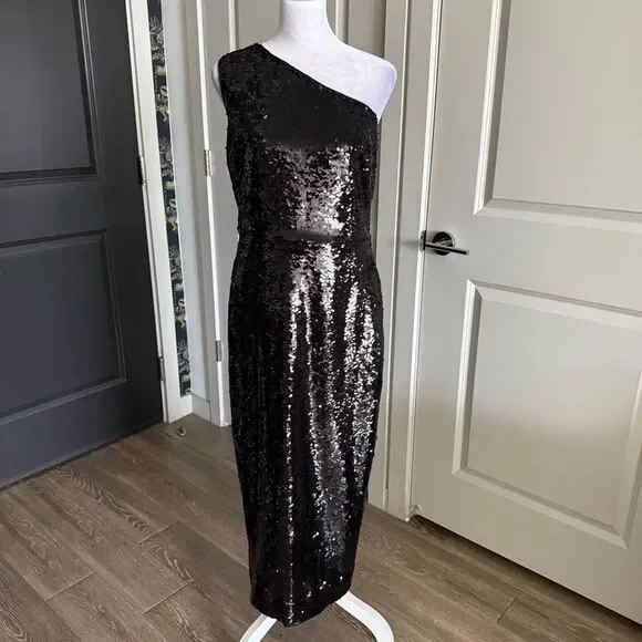 Veronica Beard Bader One Shoulder Black Sequins Midi Dress Size 8